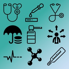 Vector icon set  about medicine with 9 icons related to neutron, property, stain, grunge and isolated