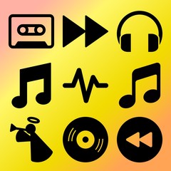 Vector icon set  about music with 9 icons related to rewind button, play, video, bugle and phone