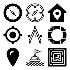 Vector icon set  about location with 9 icons related to travel, typography, nautical, wireframe and guy