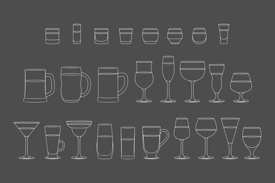 Set of Alcoholic drinks glasses. line style. isolated on black background