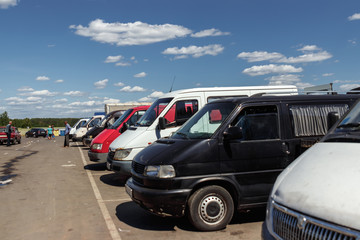 June 12, 2018 Belarus, village of the Palace. Market for the purchase of strawberries. Parking in a row.