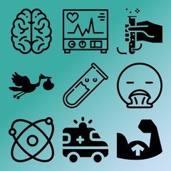 Vector icon set  about medicine with 9 icons related to line, atom, birth, pulse and indoors