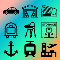 Vector icon set  about transport with 9 icons related to holding, building, van, public and table