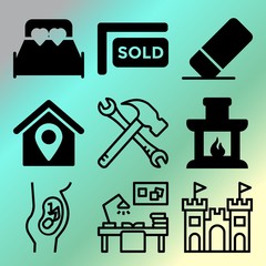 Vector icon set  about home with 9 icons related to hardware, workplace, empty, worker and expecting