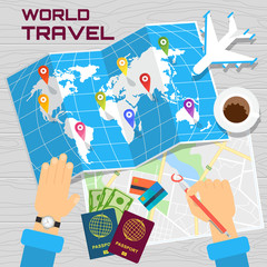 Hands of men mark the way for travel on the world map. Passport for customs clearance, airplane tickets, route planning. Flat vector cartoon illustration. Objects isolated on white background.