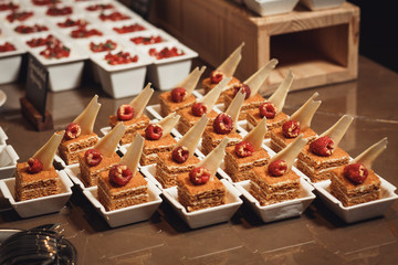 cake honey cake on white plates for guests at the wedding catering