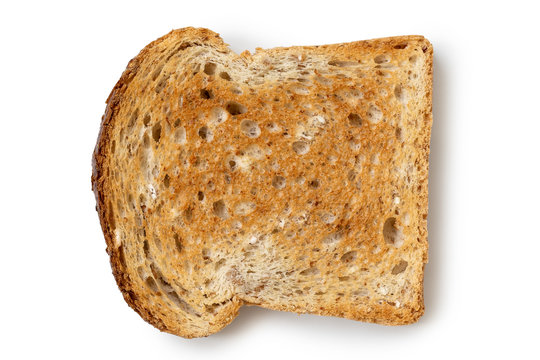 A single slice of whole wheat toast isolated on white from above.