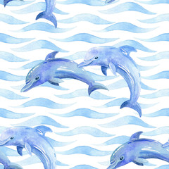 Fototapeta premium Delfin akwarela rastrowy wzór