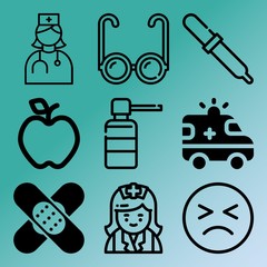 Vector icon set  about medicine with 9 icons related to knee, portrait, pattern, alert and fashion
