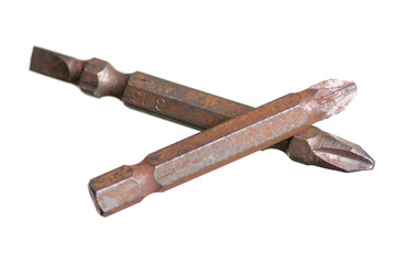 Old bits for a screwdriver on a white background isolation