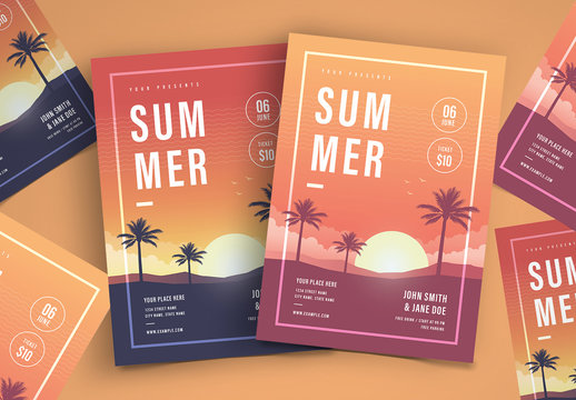 Summer-Themed Flyer with Sunset Illustration
