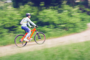 Fototapeta na wymiar A cyclist in a helmet rides through the forest on a bicycle path, motion blur