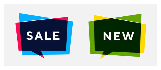 Set of trendy flat geometric transparent vector banners. Vivid translucent banners in retro poster design style. Vintage colors and shapes with overlay blending effect.