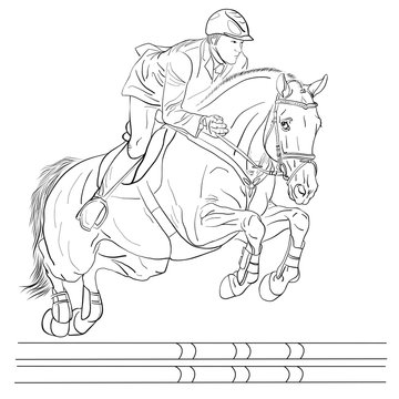 Equestrian, show jumping. A horseman with horse jumping over an obstacle.
