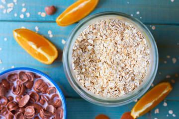 Useful breakfast from cereals, milk and fruits.