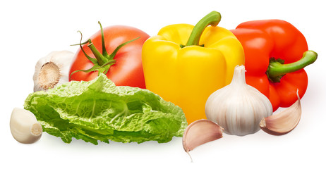 Red tomato, bell peppers, green salad and garlic with cloves