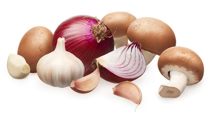 Royal champignon mushrooms, unpeeled red onion and garlic