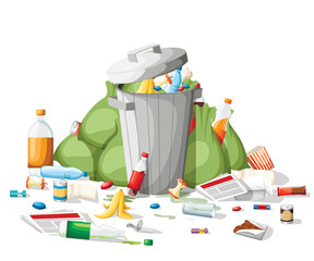 Littering garbage. Pile of garbage in flat style. Steel garbage bin full of trash. Green bags, food, paper, plastic. Vector illustration isolated on white background