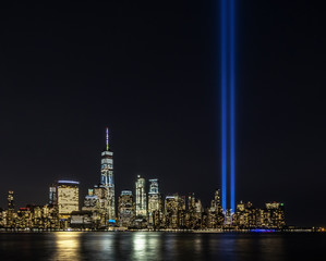Tribute light memorial event on 11th of September in New York City, Manhattan at Ground Zero World Trade Center