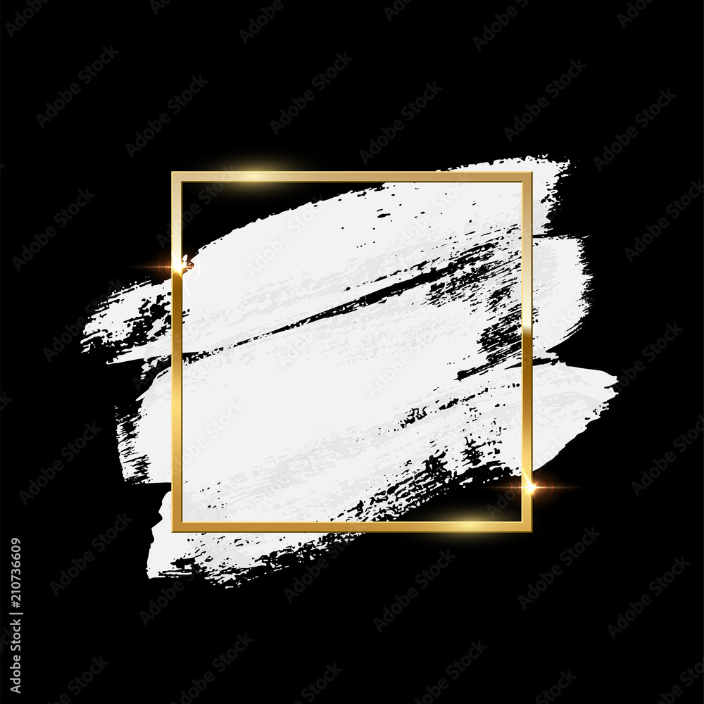 Poster white brush strokes with golden square frame isolated on black background. vector design element.
