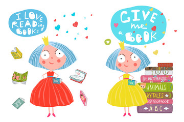 Funny clip art with girls, books and hand drawn lettering design. Vector cartoon.