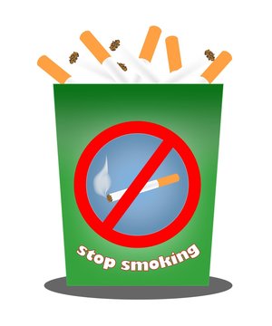 cigarettes in a garbage can with a badge against smoking