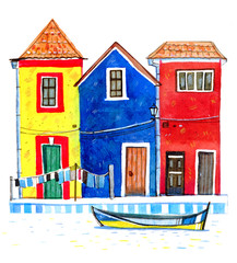 Colorful old stone european houses with boat. Hand drawn cartoon watercolor illustration
