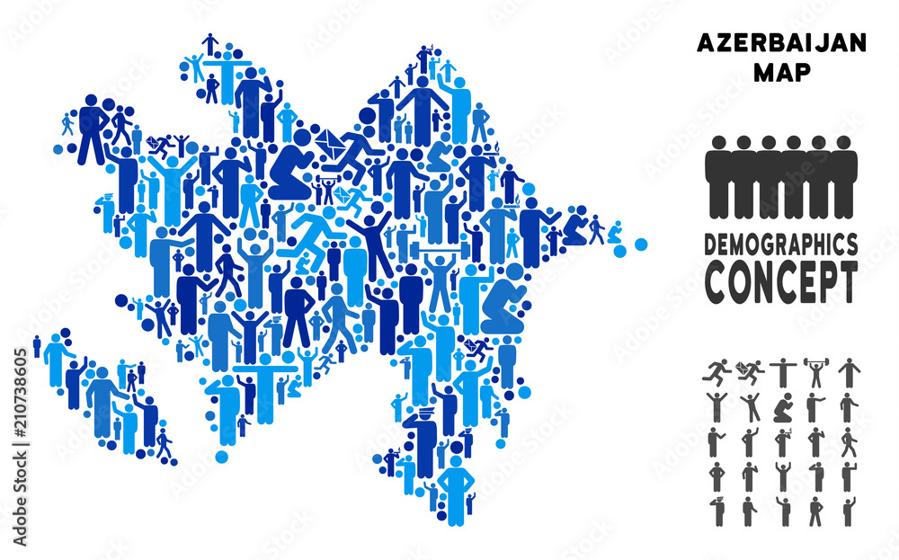 Poster vector population azerbaijan map. demography mosaic of azerbaijan map composed of men with different