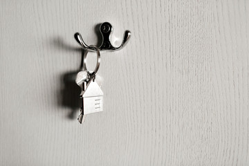 Fototapeta na wymiar Mortgage concept. Key with house keychain. Real estate, moving home or renting property.
