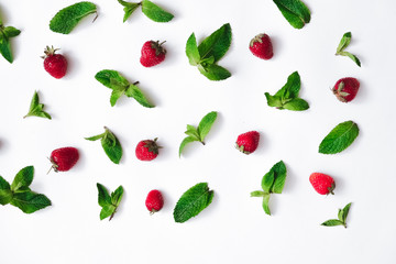 Strawberries and fresh mint on white background,  berry pattern