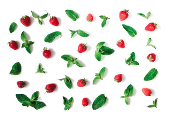 Strawberries and fresh mint pattern isolated on white background, flat lay