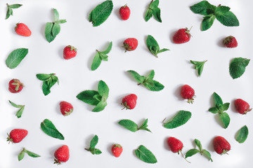 Strawberries and fresh mint on white background,  berry pattern