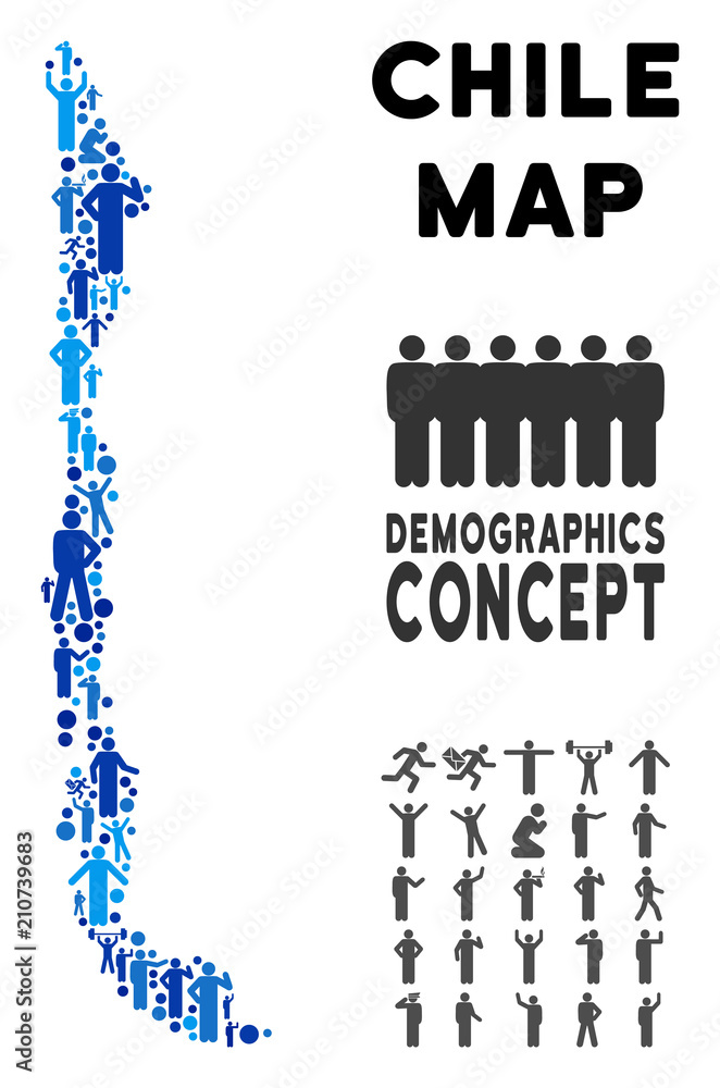 Poster vector population chile map. demography abstraction of chile map composed of persons with different 