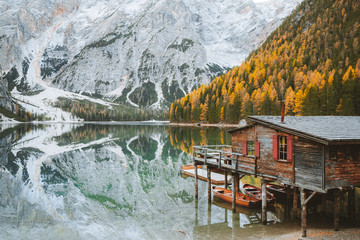 Lago di Braies in fall, Dolomites, South Tyrol, Italy