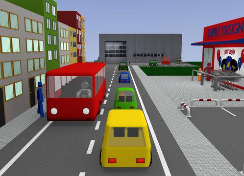 Stadtansicht mit Hauptstraße und Autos. 3d render