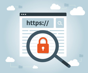 Data protection and internet security. https, website, web secure, cloud. Magnifying glass.