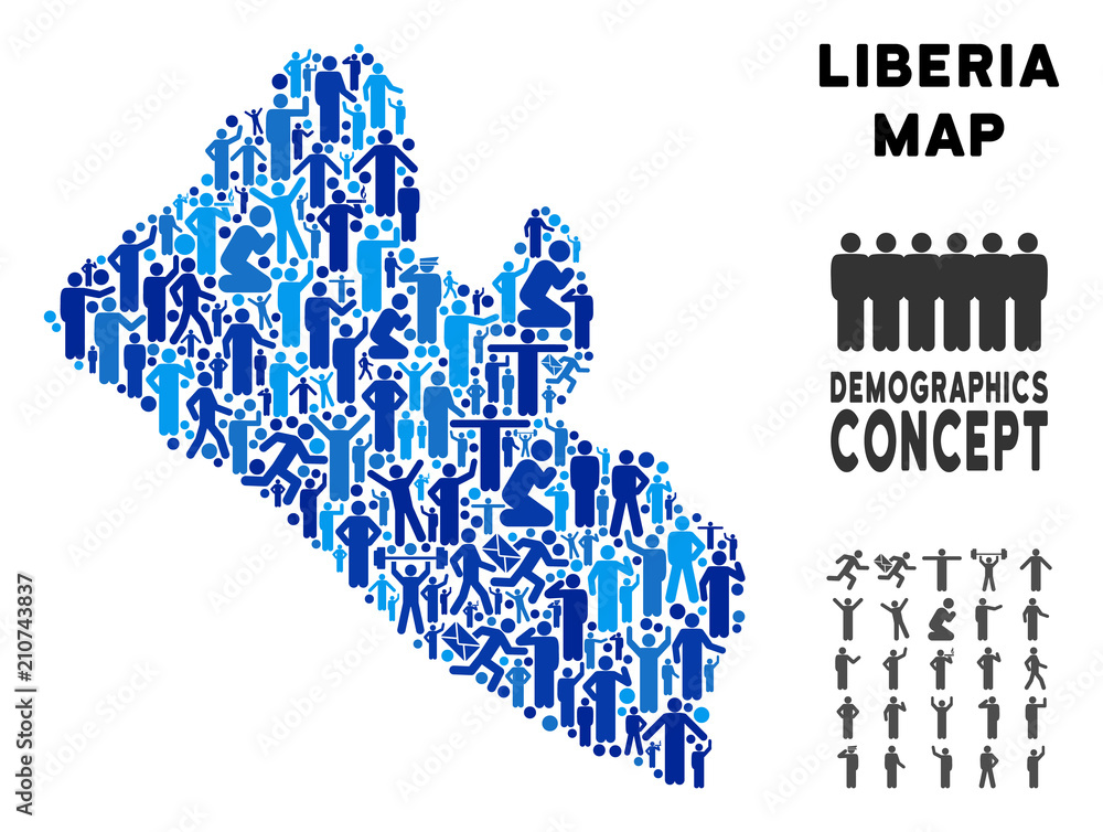 Poster vector population liberia map. demography mosaic of liberia map composed of men with variable poses.