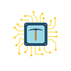 CPU Mining, Microchip, Pickaxe Flat Vector Icon. Isolated on White Background. Trendy Flat Style.