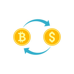 Cryptocurrency Exchange, Dollar Coin, Bitcoin, Arrows Flat Vector Icon. Isolated on White Background. Trendy Flat Style.