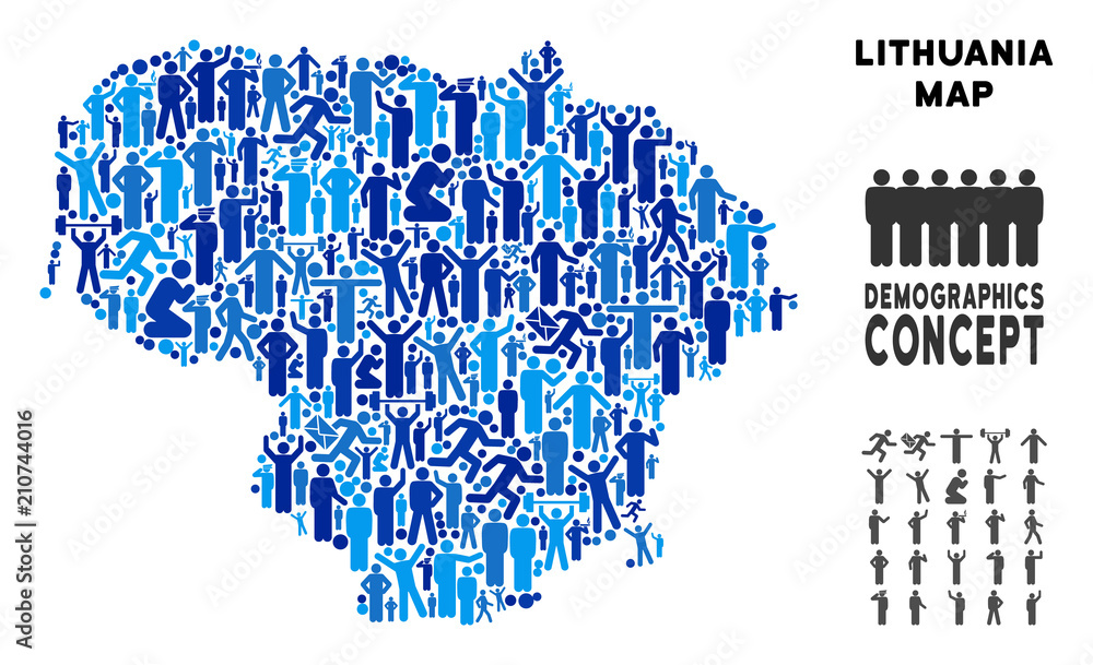 Poster vector population lithuania map. demography composition of lithuania map done of humans with differe