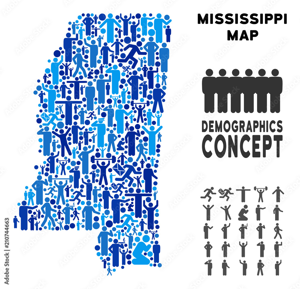Poster vector population mississippi state map. demography abstraction of mississippi state map constructed