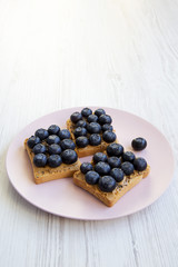 Toasts with peanut butter, blueberries and chia seeds on a pink plate over white wooden background, side view. Healthy eating.