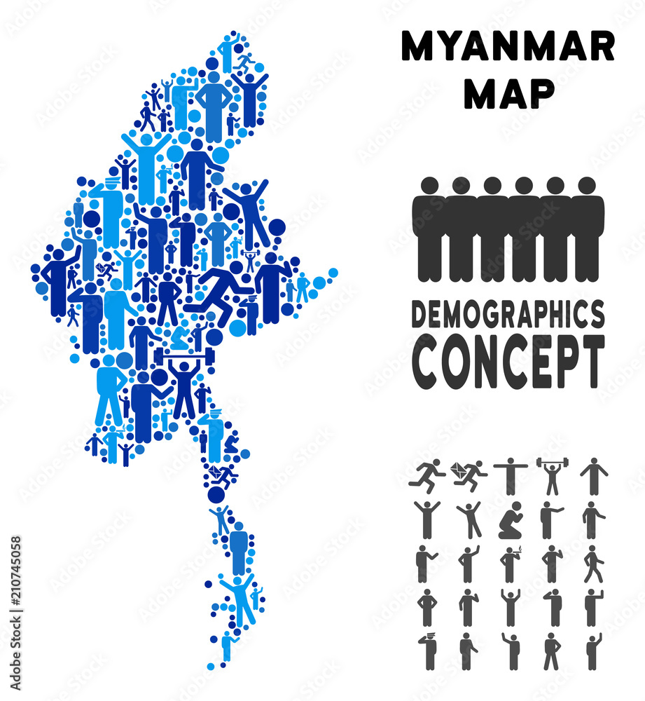 Poster vector population myanmar map. demography concept of myanmar map designed of crowd with variable pos