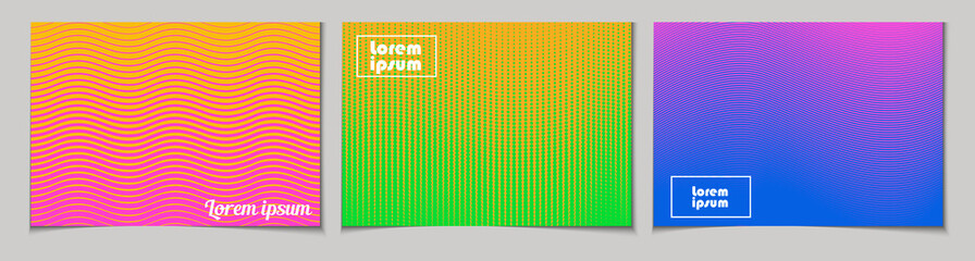 Zestaw poziome abstrakcyjne tła z wzorem rastra w neonowych kolorach. Kolekcja tekstur gradientu z ornamentem geometrycznym. Szablon projektu ulotki, baner, okładka, plakat - 210745045