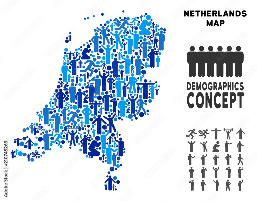 Poster vector population netherlands map. demography collage of netherlands map done of crowd with differen
