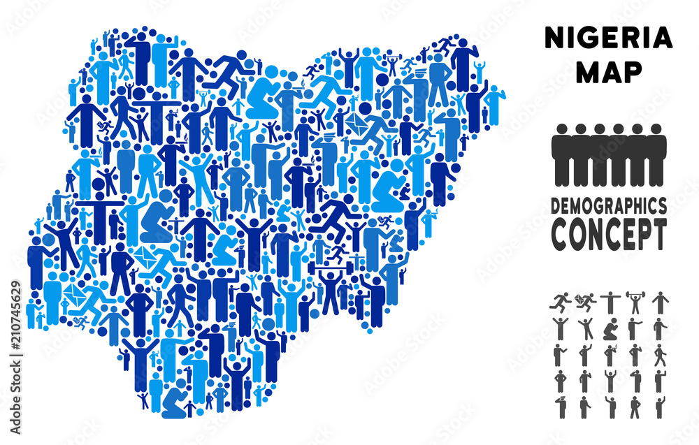 Poster vector population nigeria map. demography abstraction of nigeria map made of men with variable postu