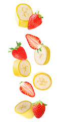 Falling banana and strawberry fruits isolated on white