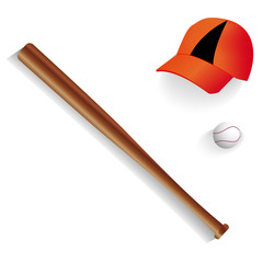 baseball bat equipment, ball and baseball cap