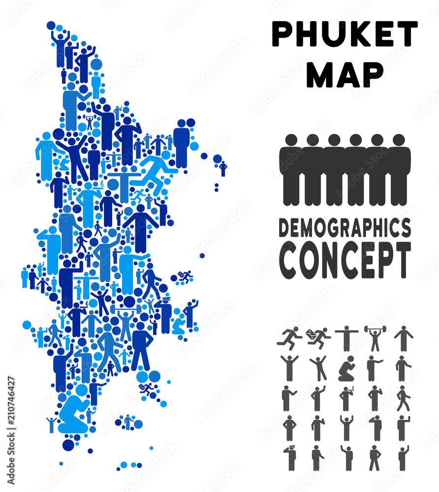 Poster vector population phuket map. demography abstraction of phuket map created of persons with different
