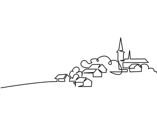 Continuous line drawing. Landscape with village on hill. Vector illustration. Concept for logo, card, banner, poster, flyer
